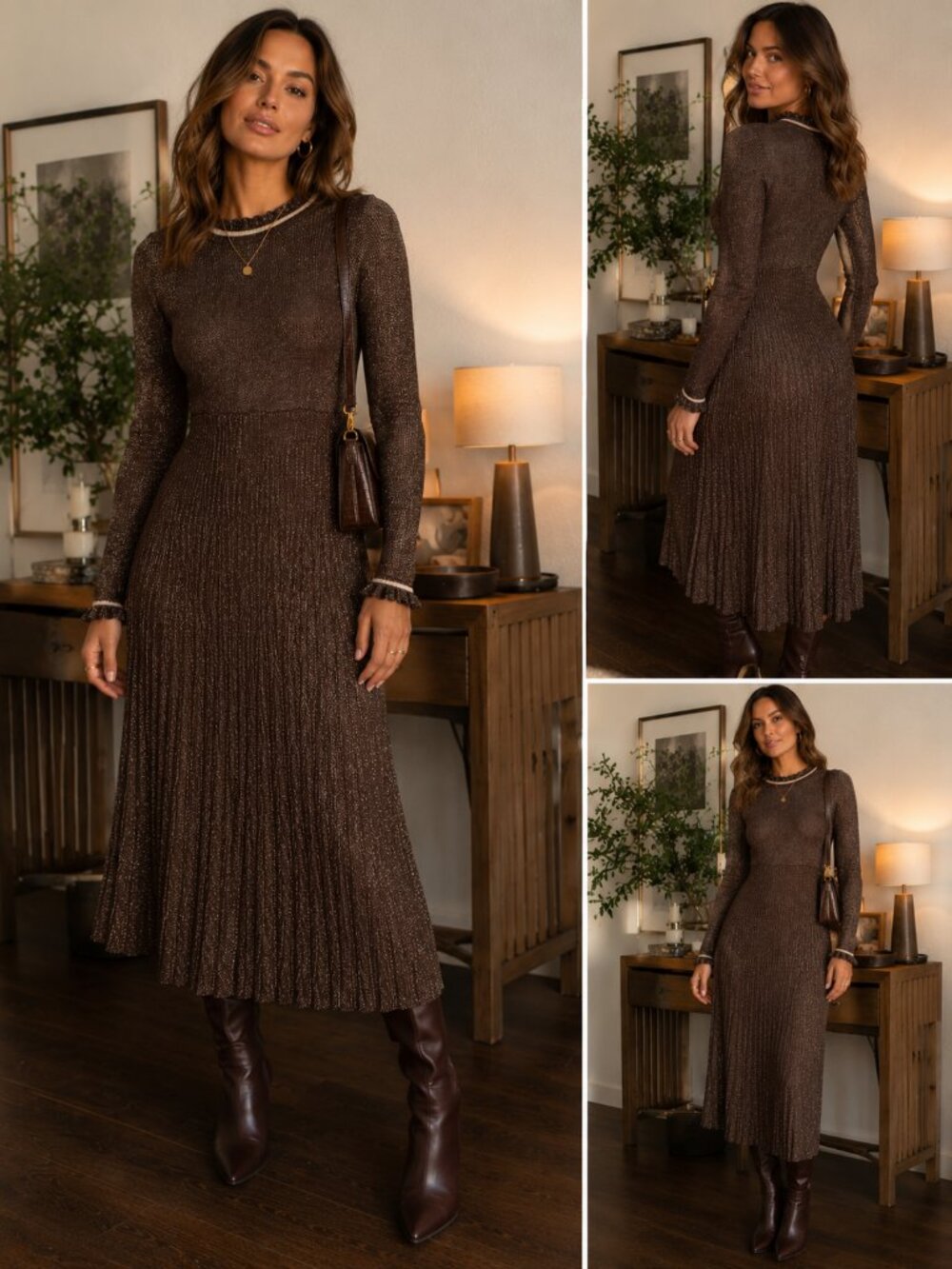 Nanette Lepore Espresso Brown Metallic Shimmer Knit Fit-and-Flare Dress 🤎✨⚡️
